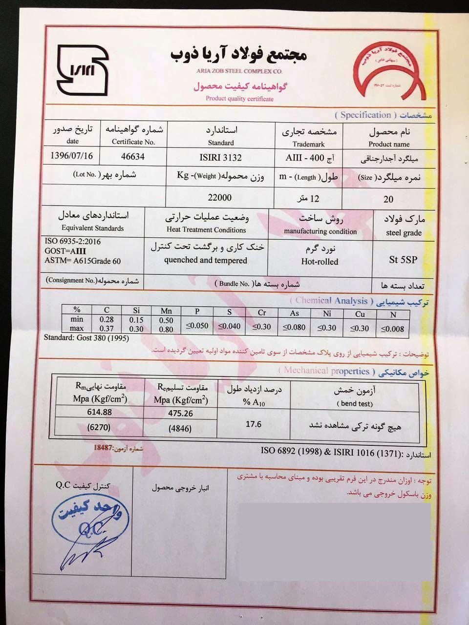 آناليز فولاد آریا ذوب
