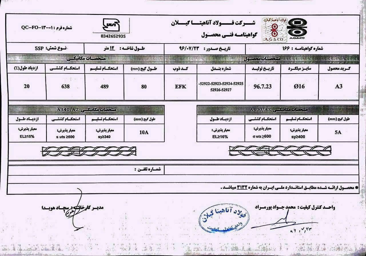 آناليز فولاد آناهیتا گیلان