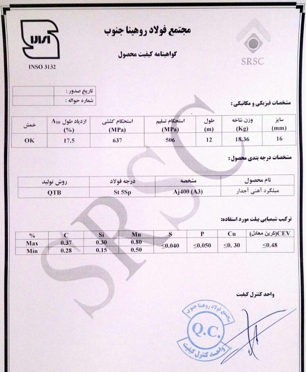 آناليز فولاد روهينا جنوب